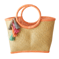 Raffia Shopping Basket in Coral with Tassels By Rice DK